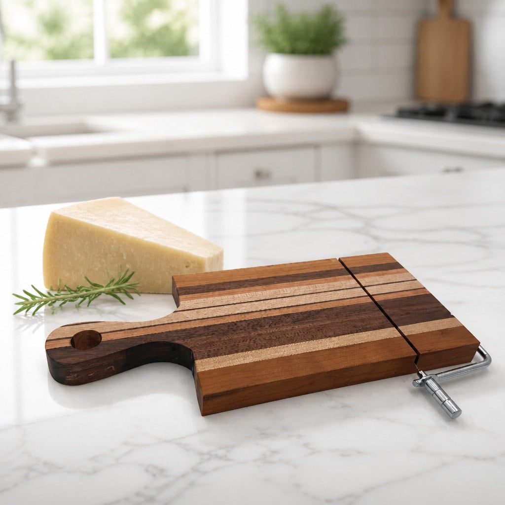 Handcrafted Laminated Hardwood Cheese Cutter, 14x6 Board, Stainless Steel, Replaceable Wire