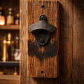Whiskey Barrel Stave Wall Bottle Opener, rustic bar decor, mounts to wall or cabinet, sturdy cast iron, reclaimed oak