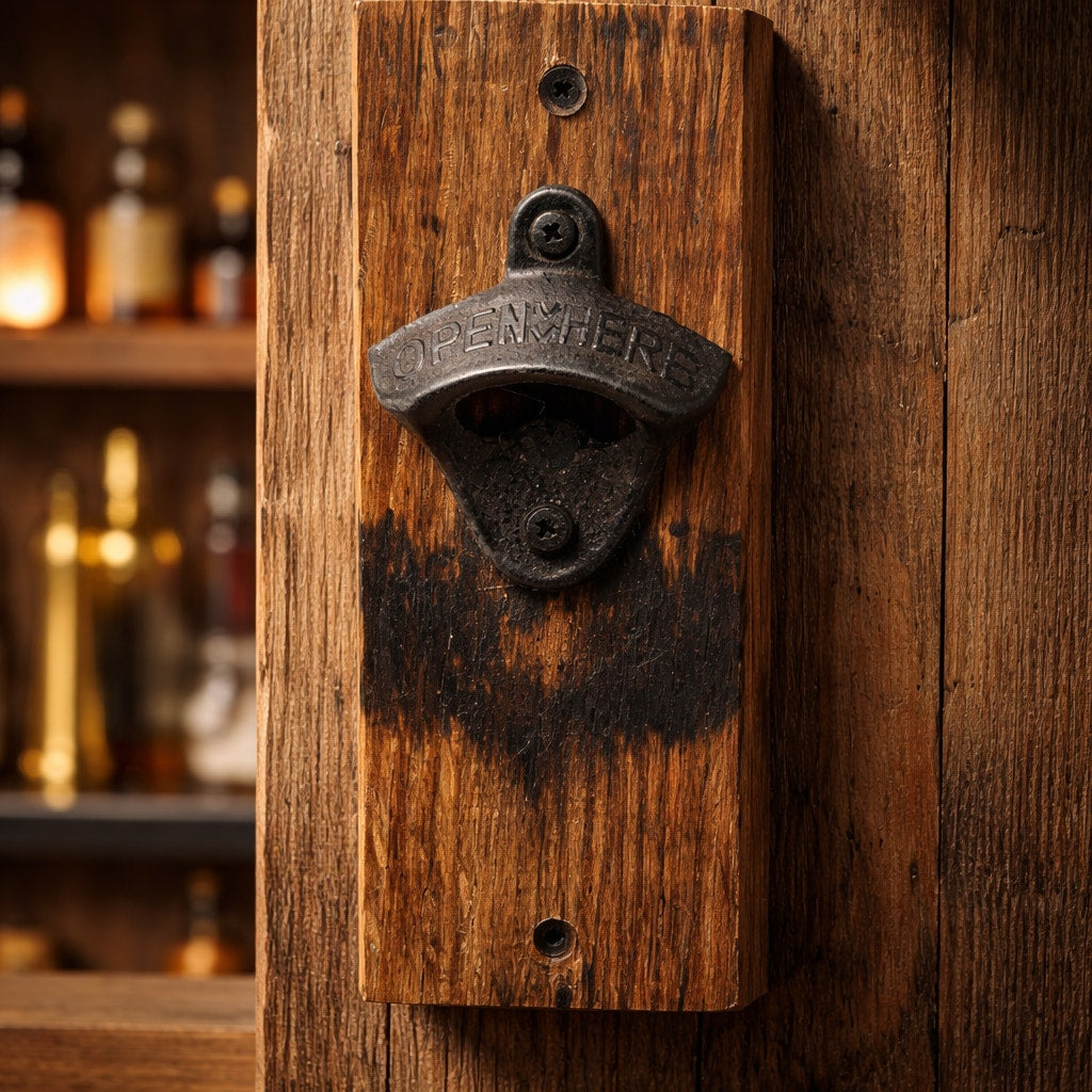 Whiskey Barrel Stave Wall Bottle Opener, rustic bar decor, mounts to wall or cabinet, sturdy cast iron, reclaimed oak