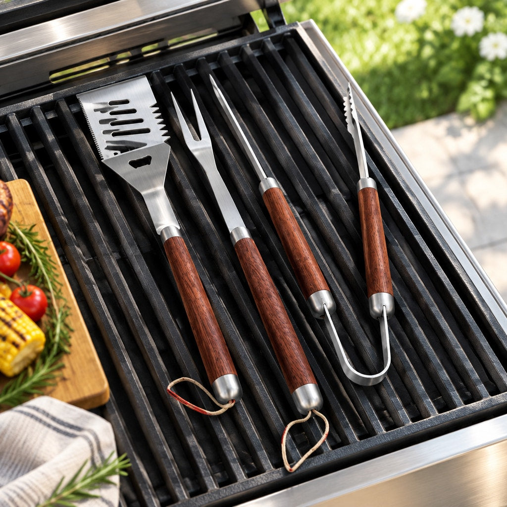 Handcrafted Mahogany BBQ Tools Set, 3 Piece, Carrying Case, Grill Utensils, SKU 1564
