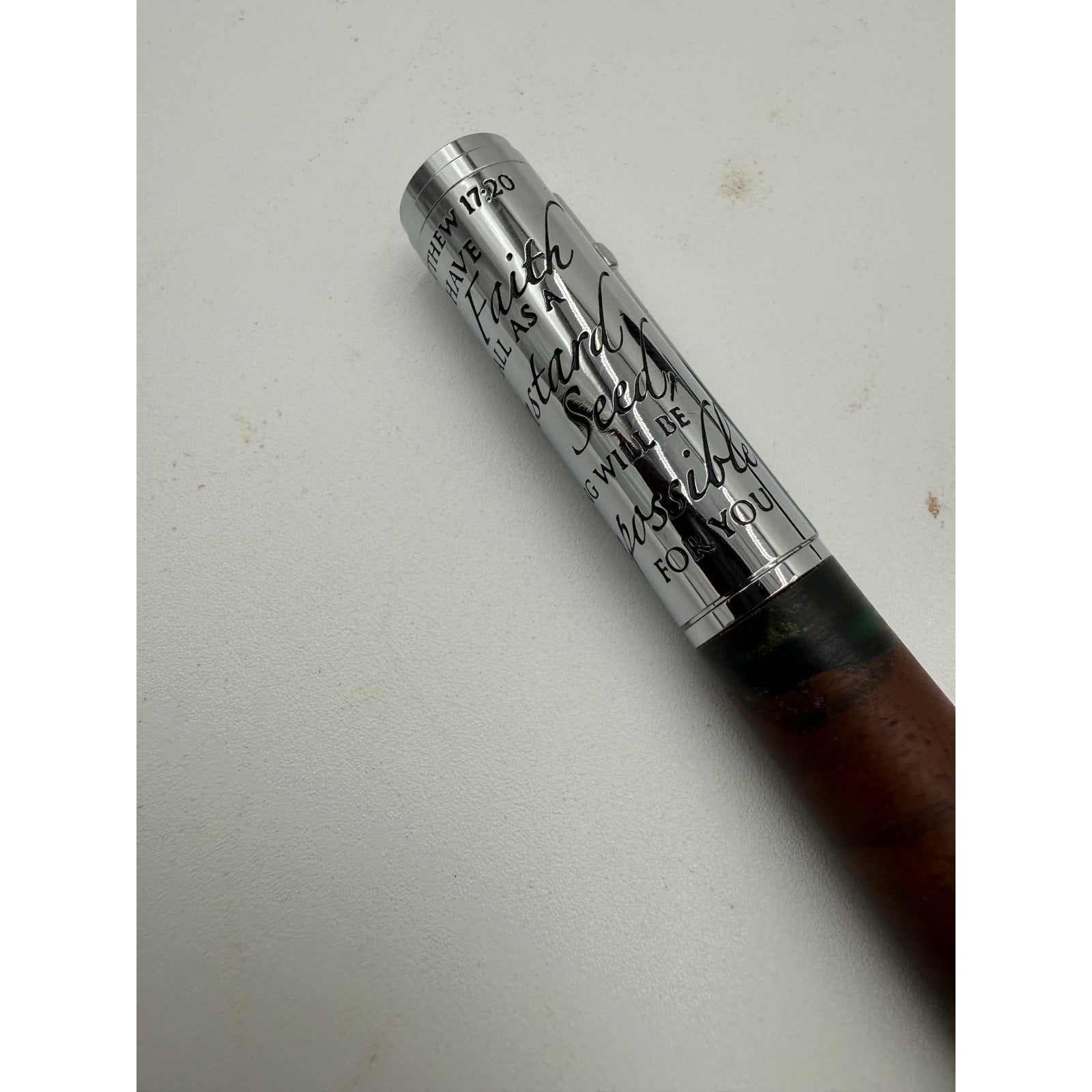 Handcrafted Walnut Epoxy Pen with Scripture, Matthew 17:20 engraved cap, premium metal accents, smooth refillable