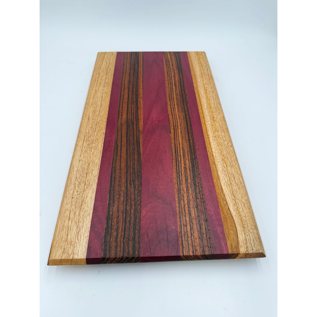 Handcrafted Exotic Hardwood Cutting Board, Teak, Purpleheart and Tigerwood, 20x11x3/4 in, serving charcuterie, kitchen gift