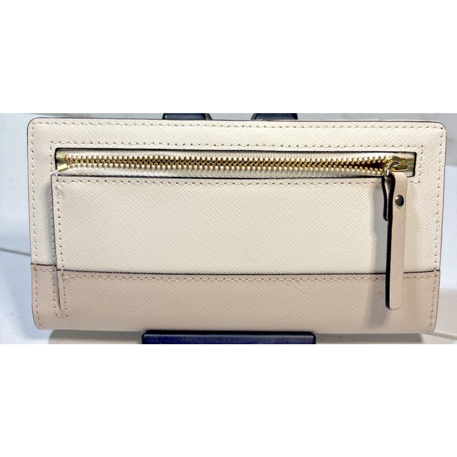 Kate Spade Laurel Way Stacy Snap Wallet Almond Black Leather Saffiano Cream Gold