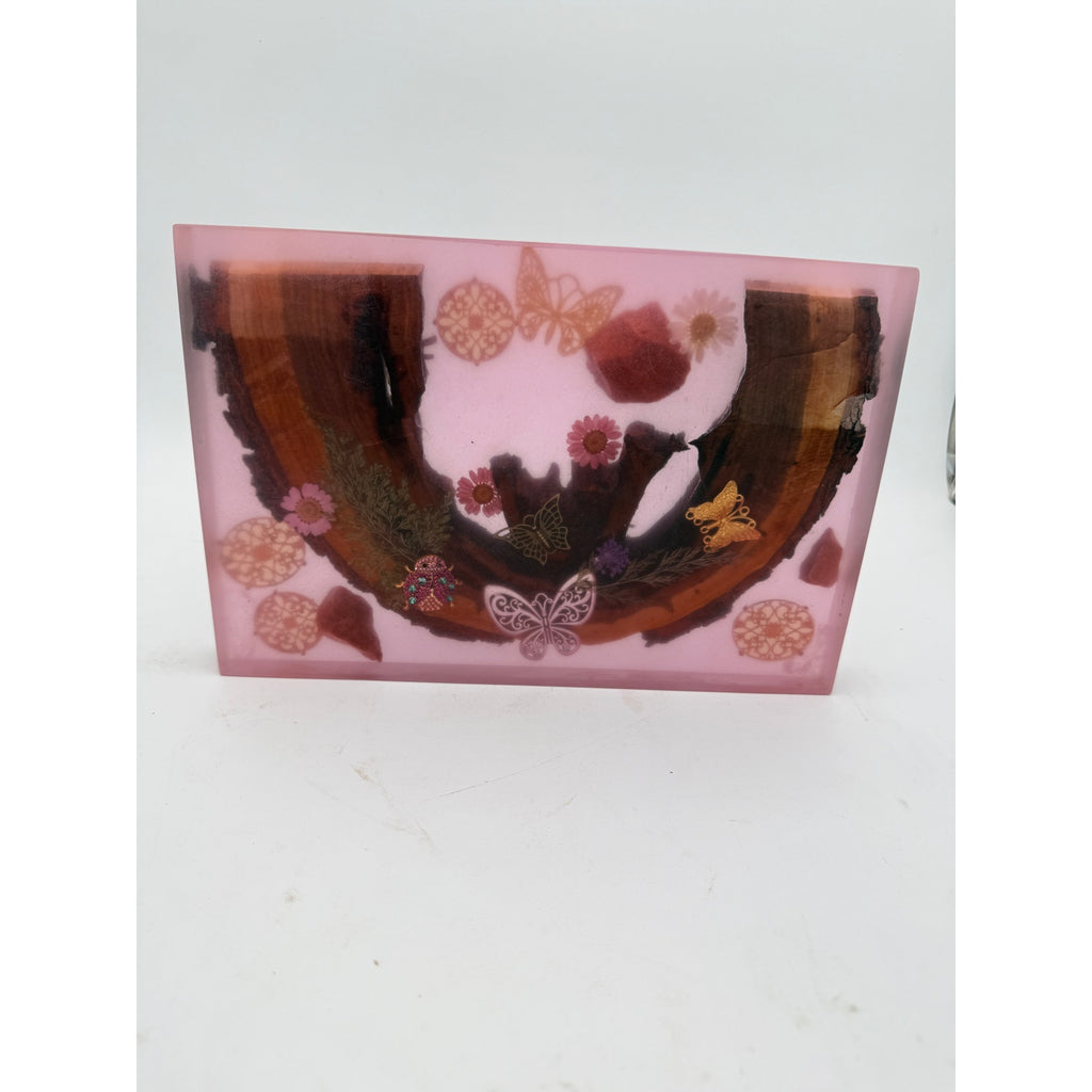 Butterfly Garden Resin Charcuterie Board 12x8, red epoxy art serving tray, embedded wood and florals, ladybug accents, handmade home decor