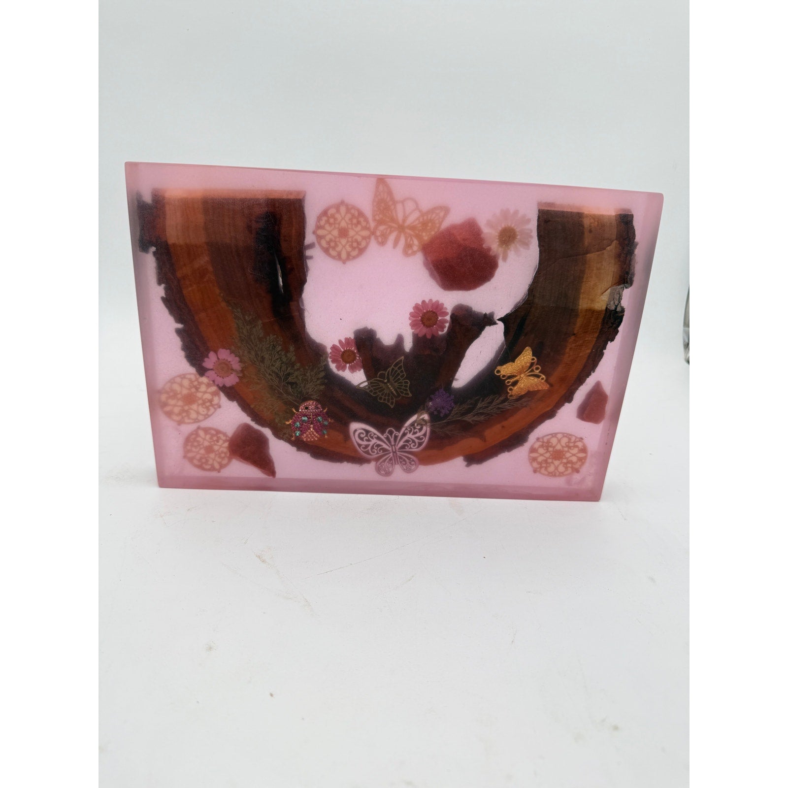 Butterfly Garden Resin Charcuterie Board 12x8, red epoxy art serving tray, embedded wood and florals, ladybug accents, handmade home decor