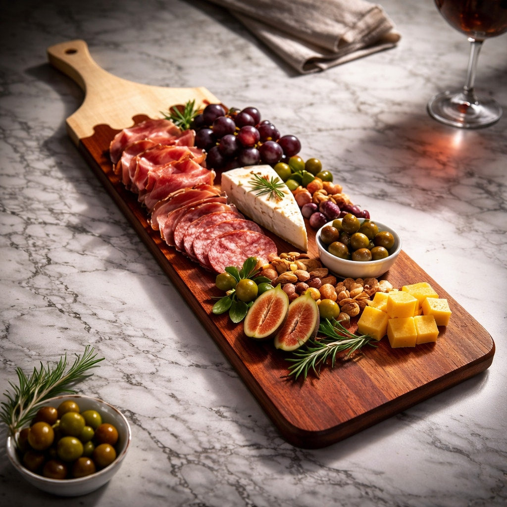 Large Padauk and Curly Maple Charcuterie Board, 34.75 x 9 x 0.75 in, handmade, food safe finish, serving tray, decorative yet functional