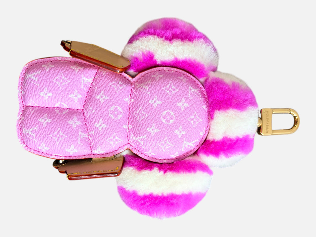 CURATED by Kira Louis Vuitton Vivienne Fashionista bag charm in pink leather and mink with gold-toned metal hardware.