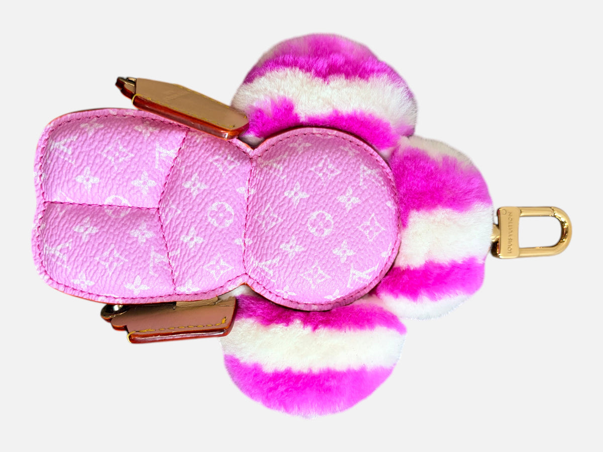 CURATED by Kira Louis Vuitton Vivienne Fashionista bag charm in pink leather and mink with gold-toned metal hardware.