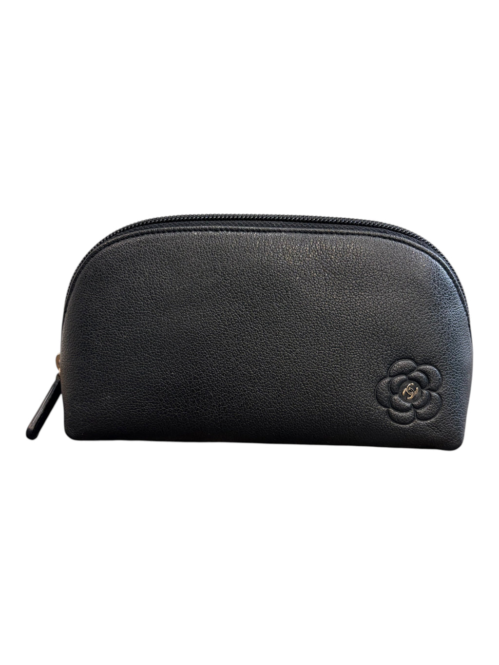 CURATED by Kira black leather Chanel cosmetic pouch with a debossed camellia flower and silver CC logo accent