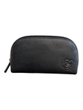 CURATED by Kira black leather Chanel cosmetic pouch with a debossed camellia flower and silver CC logo accent