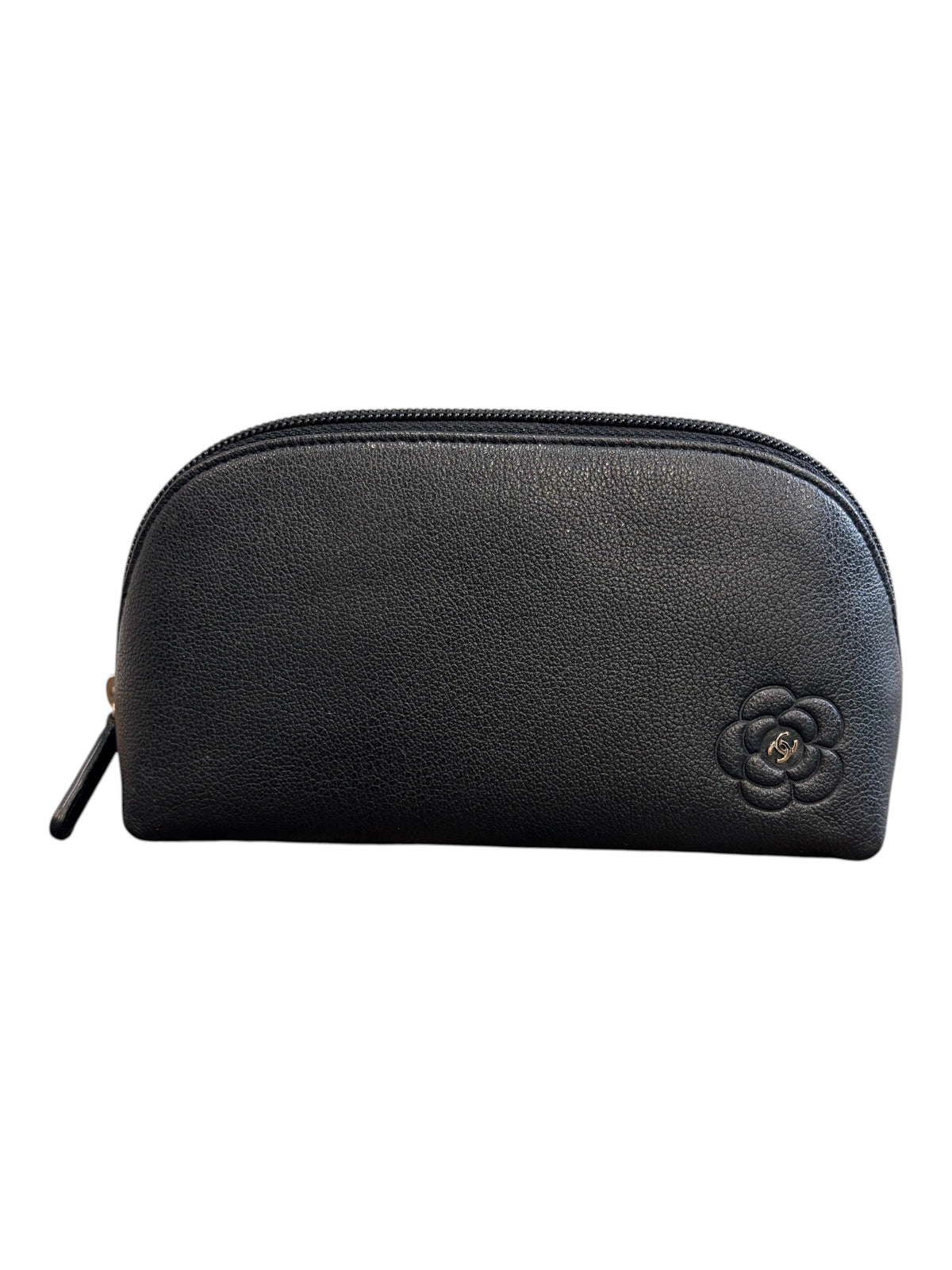 CURATED by Kira black leather Chanel cosmetic pouch with a debossed camellia flower and silver CC logo accent