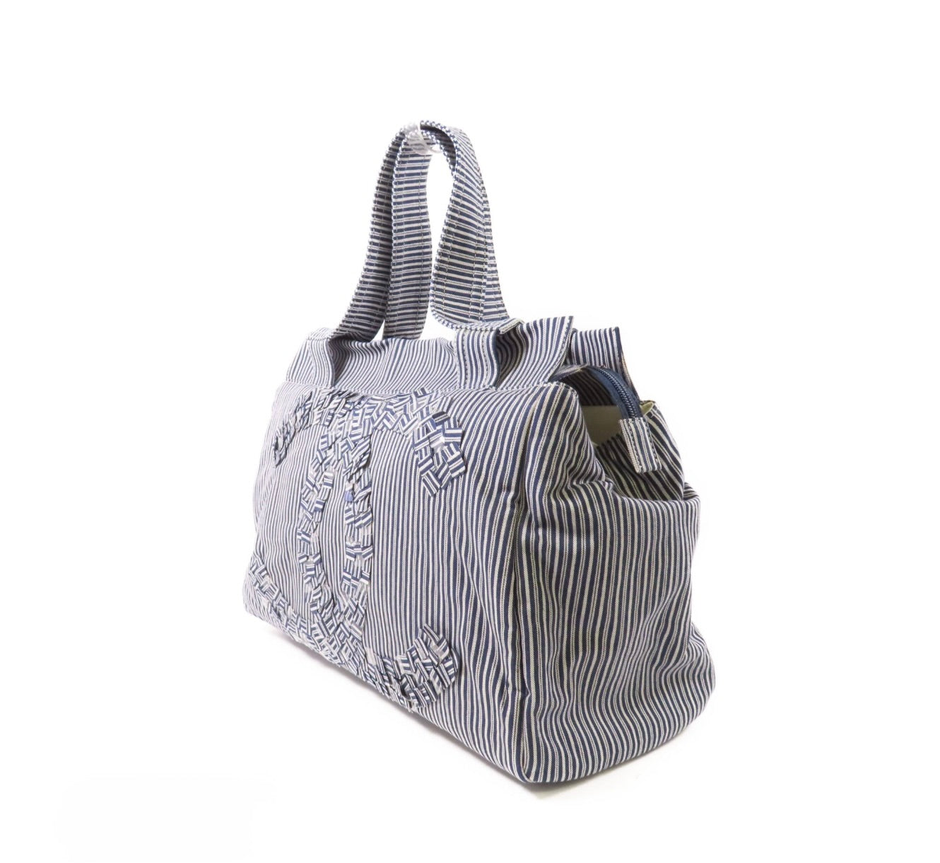 5396 - Chanel Canvas CC Striped Tote Bag Ginpaku Hand Stitched