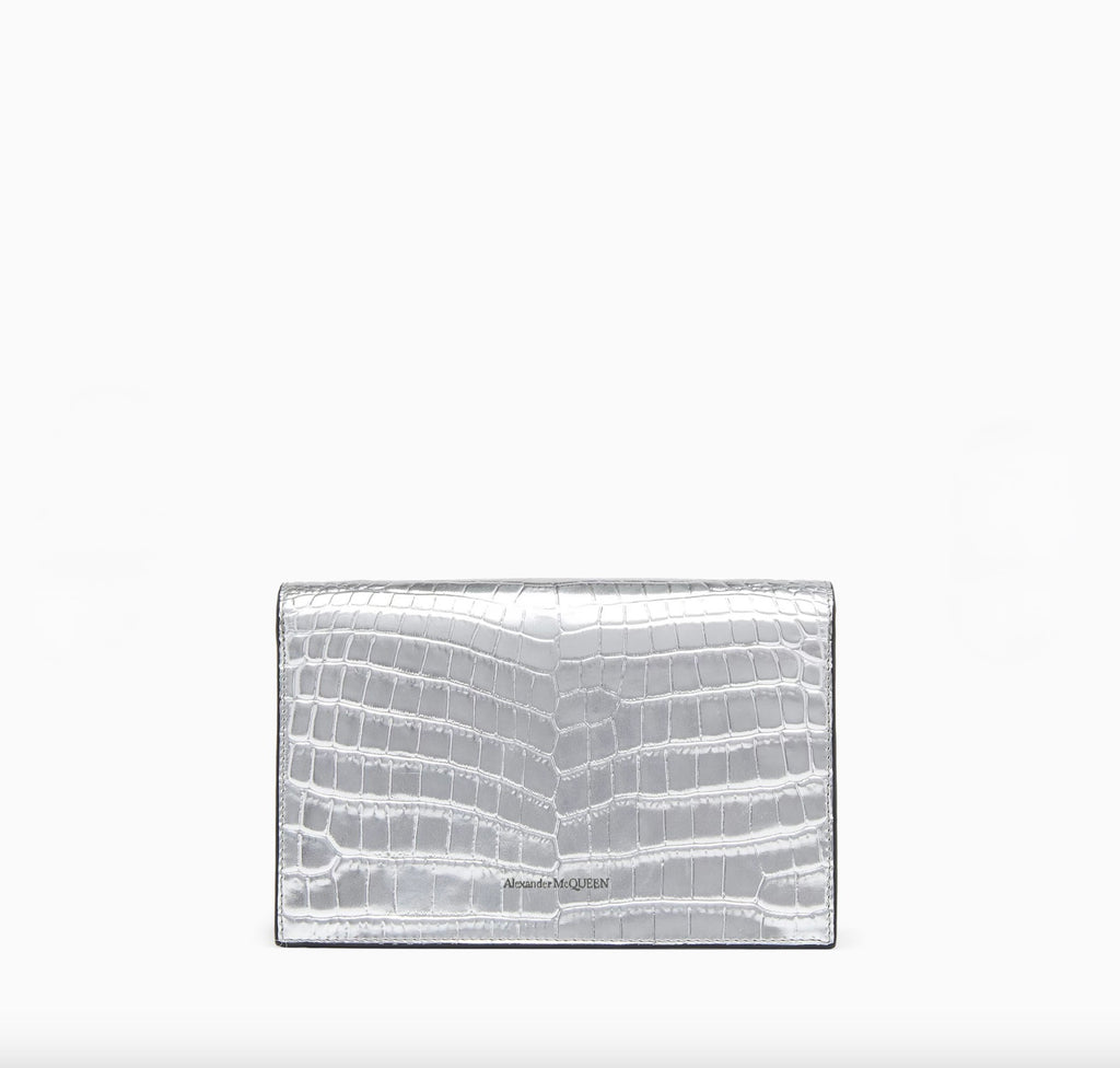 6964 - Alexander McQueen Croc-embossed Silver Skull Bag - NIB