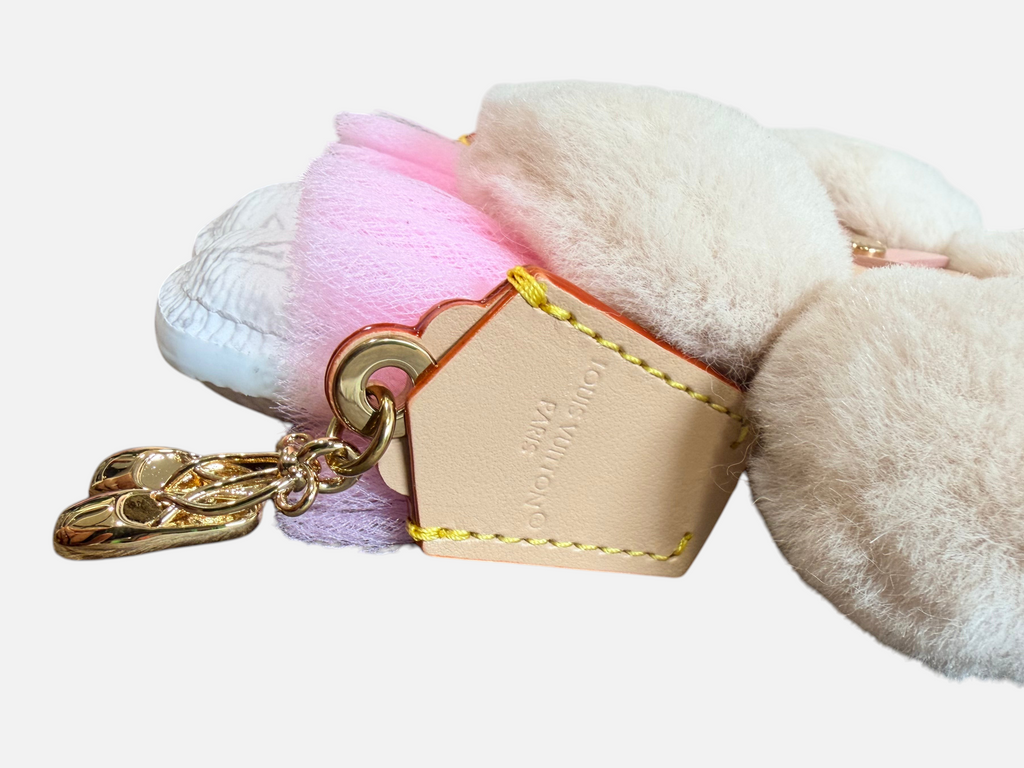 CURATED by Kira Louis Vuitton Vivienne Fashionista ballerina bag charm featuring cream mink fur and gold hardware