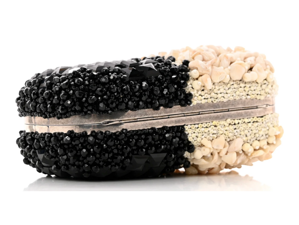 CURATED by Kira Alexander McQueen black beaded and ivory shell box clutch with silver frame and skull kiss lock