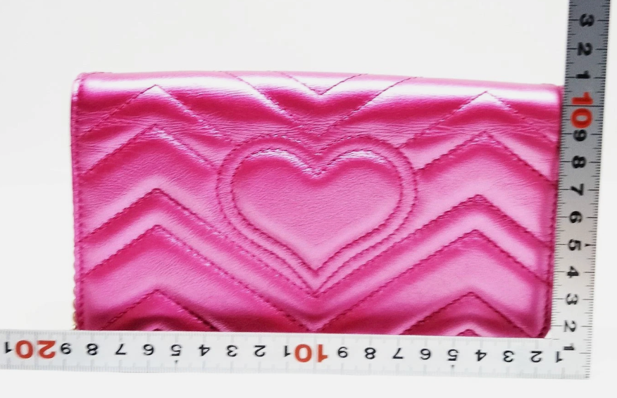 Gucci Marmont Wallet on Chain - Metallic Pink with Red Crystal GG Heart