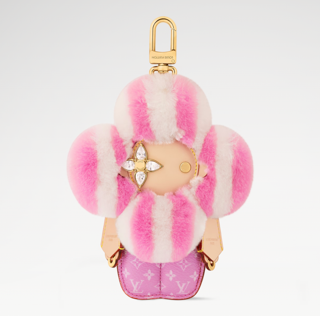 CURATED by Kira Louis Vuitton Vivienne Fashionista bag charm in pink mink fur and leather with gold-toned hardware.