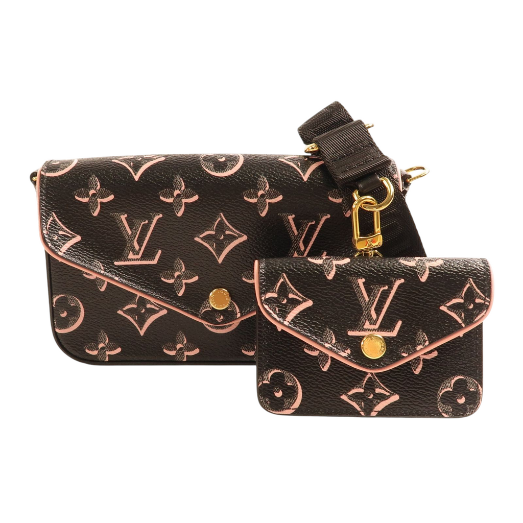 CURATED by Kira Louis Vuitton Felicie Strap & Go pochette in black and pink monogram canvas with gold hardware.