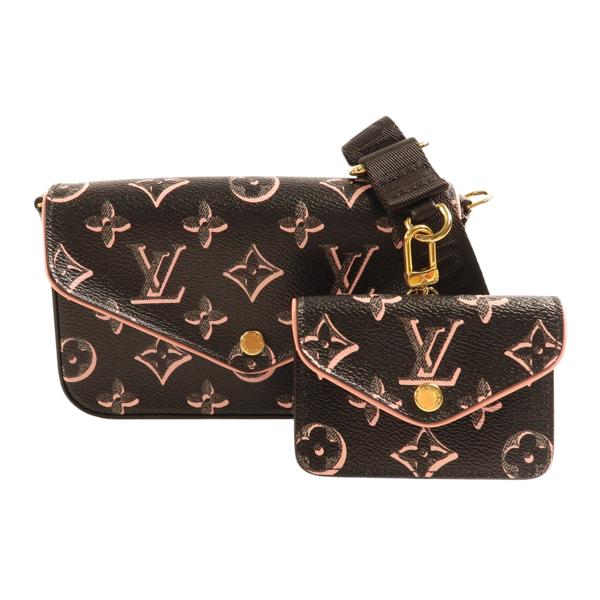 CURATED by Kira Louis Vuitton Felicie Strap & Go pochette in black and pink monogram canvas with gold hardware.