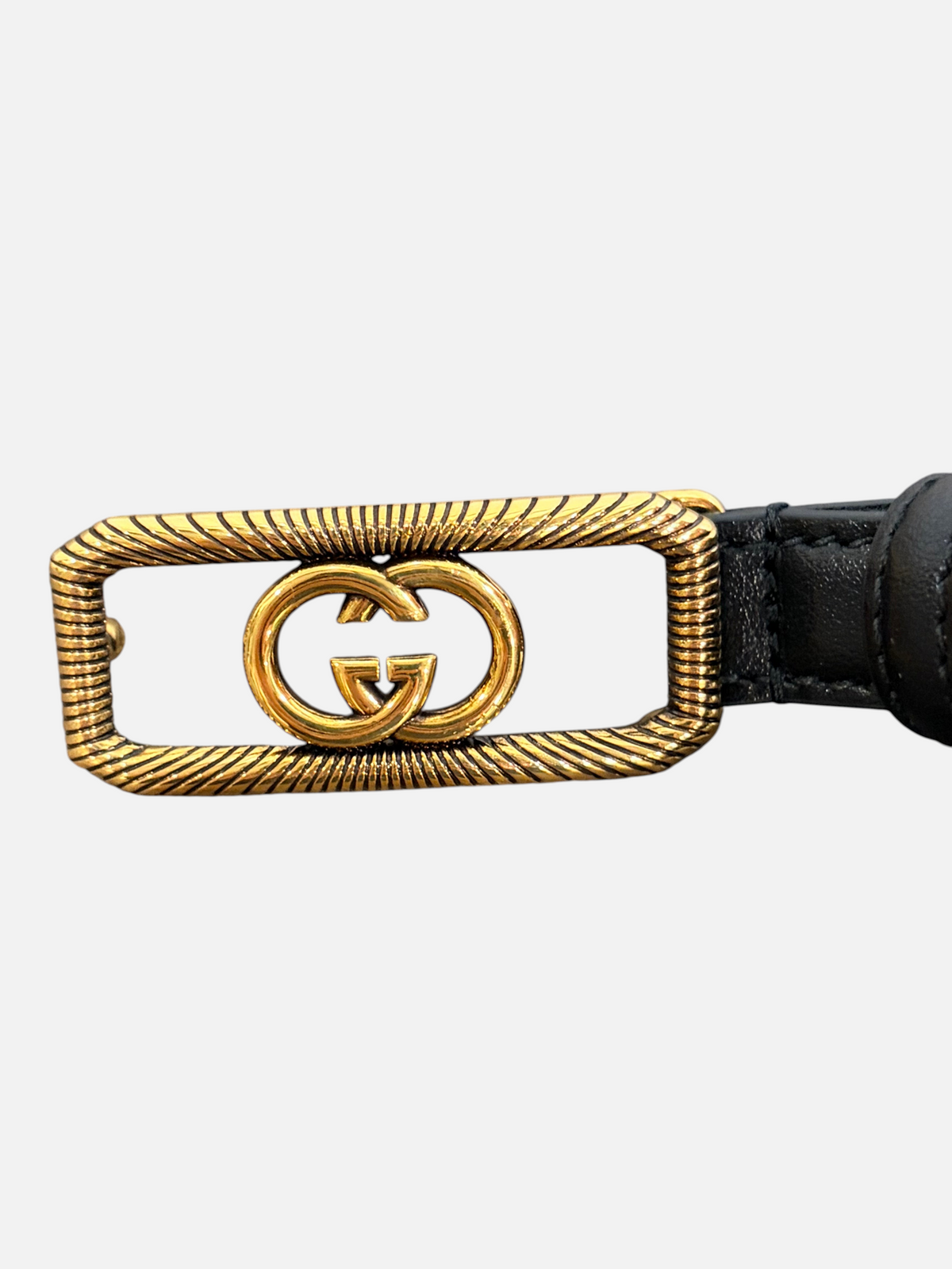 CURATED by Kira Gucci leather belt featuring a rectangular gold-tone GG logo buckle with textured rope-style edges