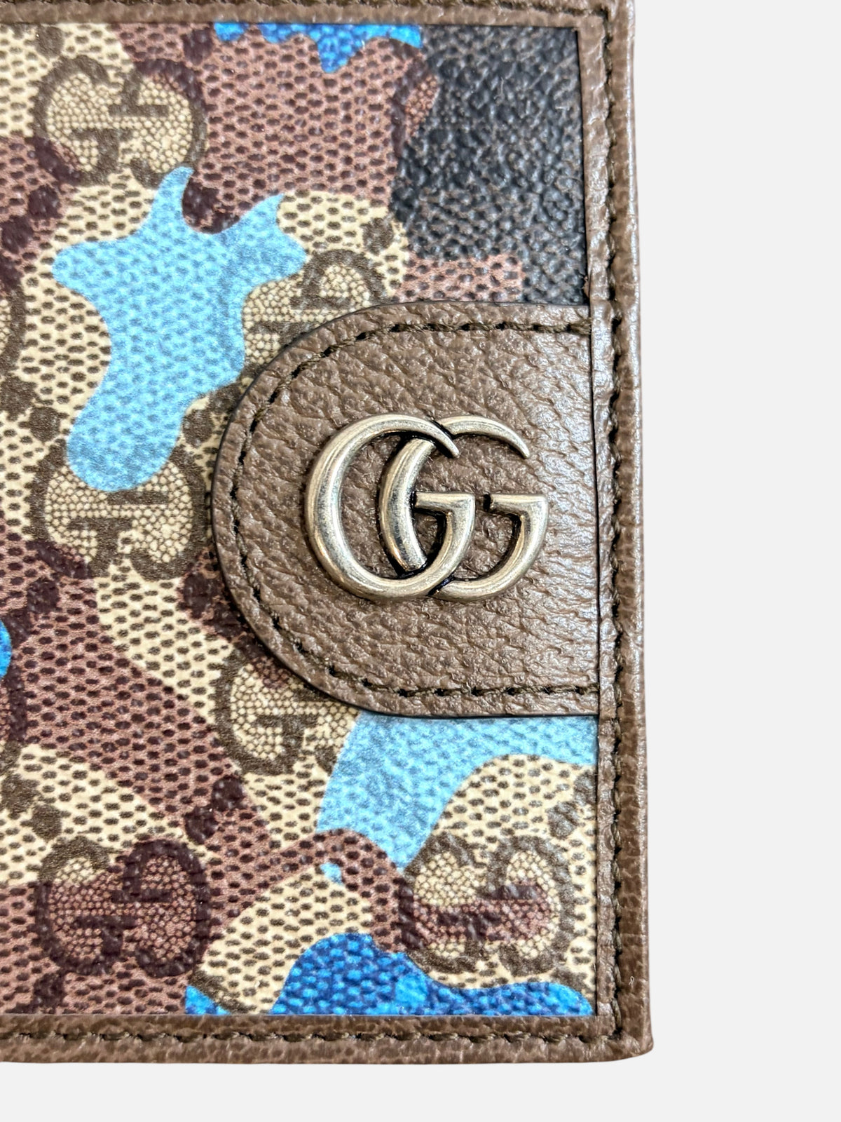 CURATED by Kira Gucci GG bifold wallet in blue camouflage coated canvas with brown leather trim and Double G logo