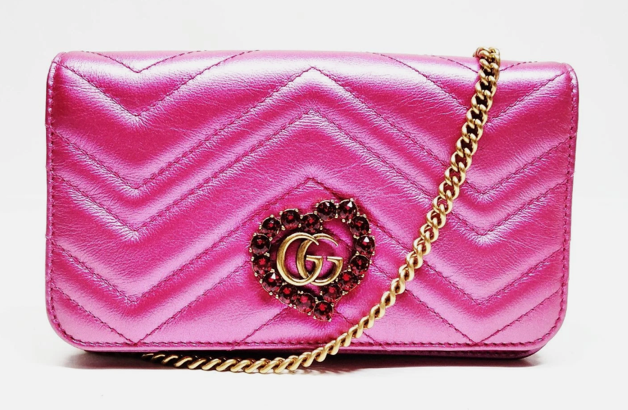 Gucci Marmont Wallet on Chain - Metallic Pink with Red Crystal GG Heart