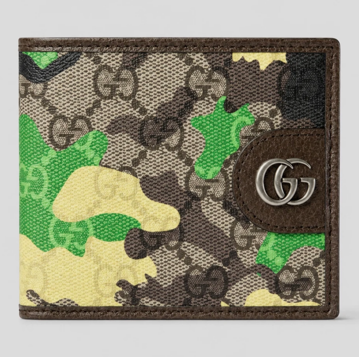 CURATED by Kira Gucci bifold wallet in green and yellow camouflage GG coated canvas with brown leather trim and Double G