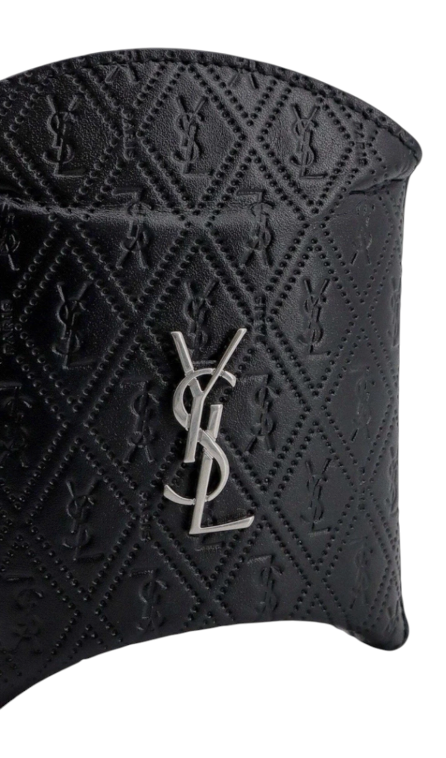 CURATED by Kira Saint Laurent Cassandre black quilted leather Airpod case with silver YSL monogram logo