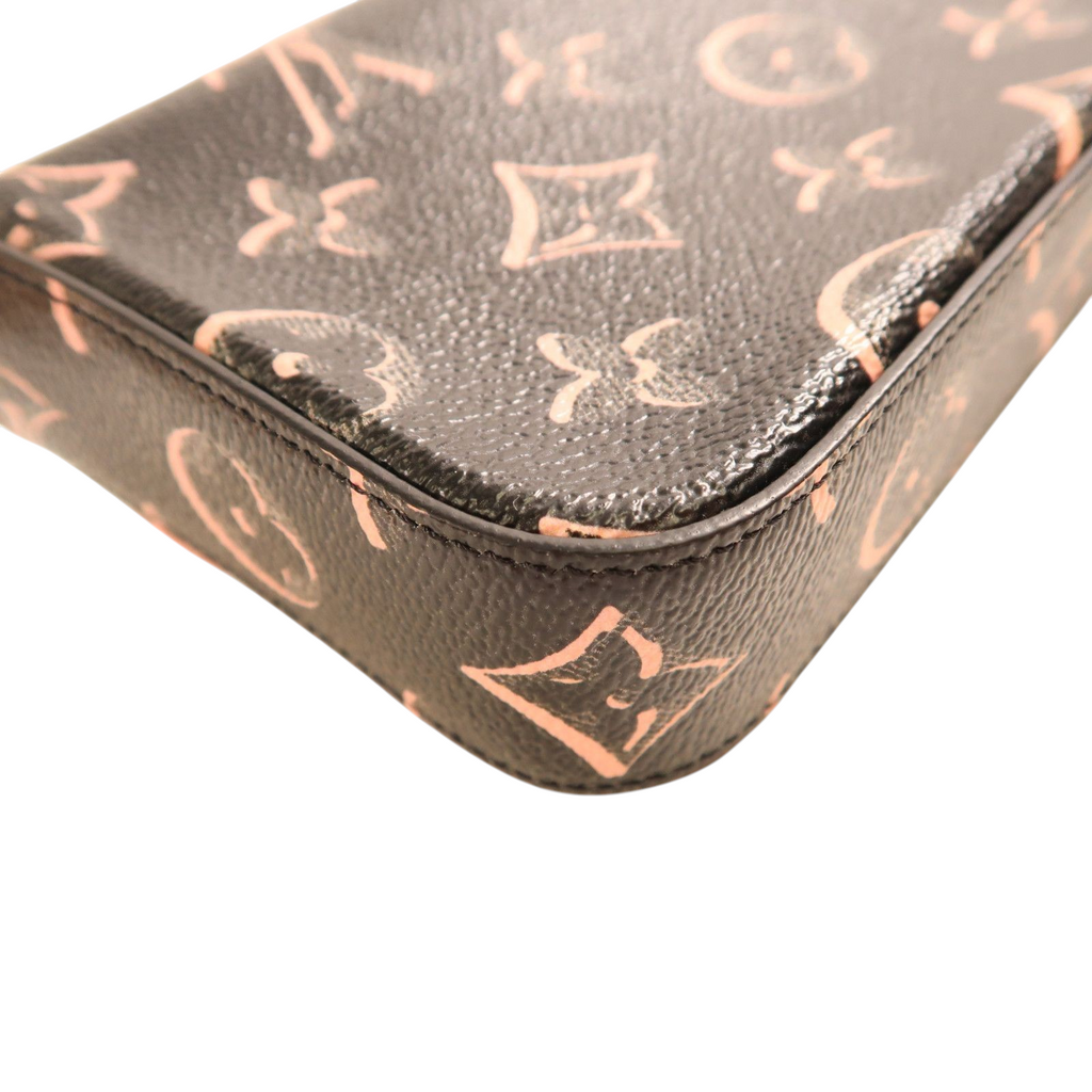 CURATED by Kira Louis Vuitton Felicie Strap & Go pochette in black and pink monogram coated canvas, corner detail.