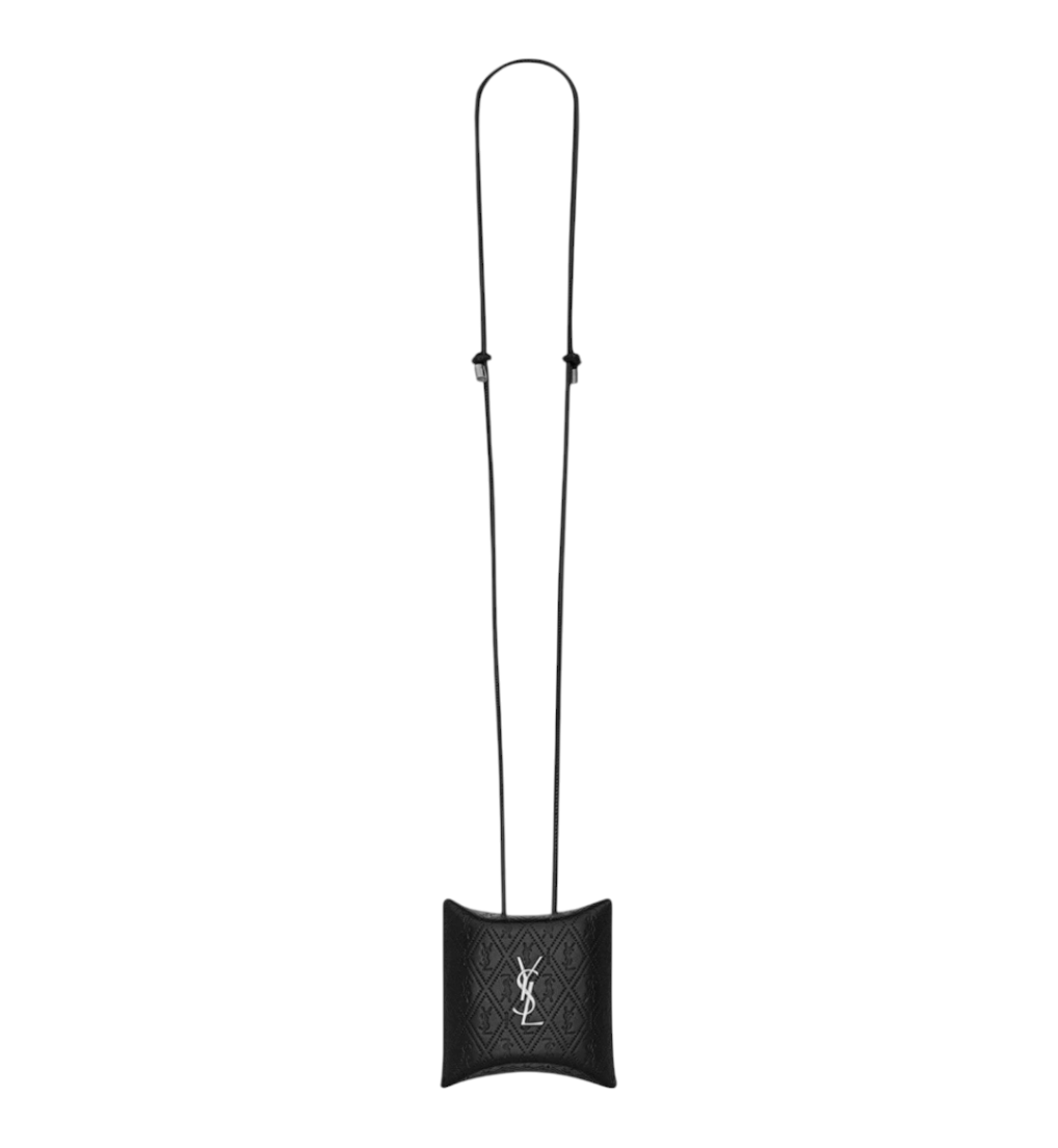 CURATED by Kira Saint Laurent Cassandre black embossed leather Airpod case with silver YSL logo and shoulder strap