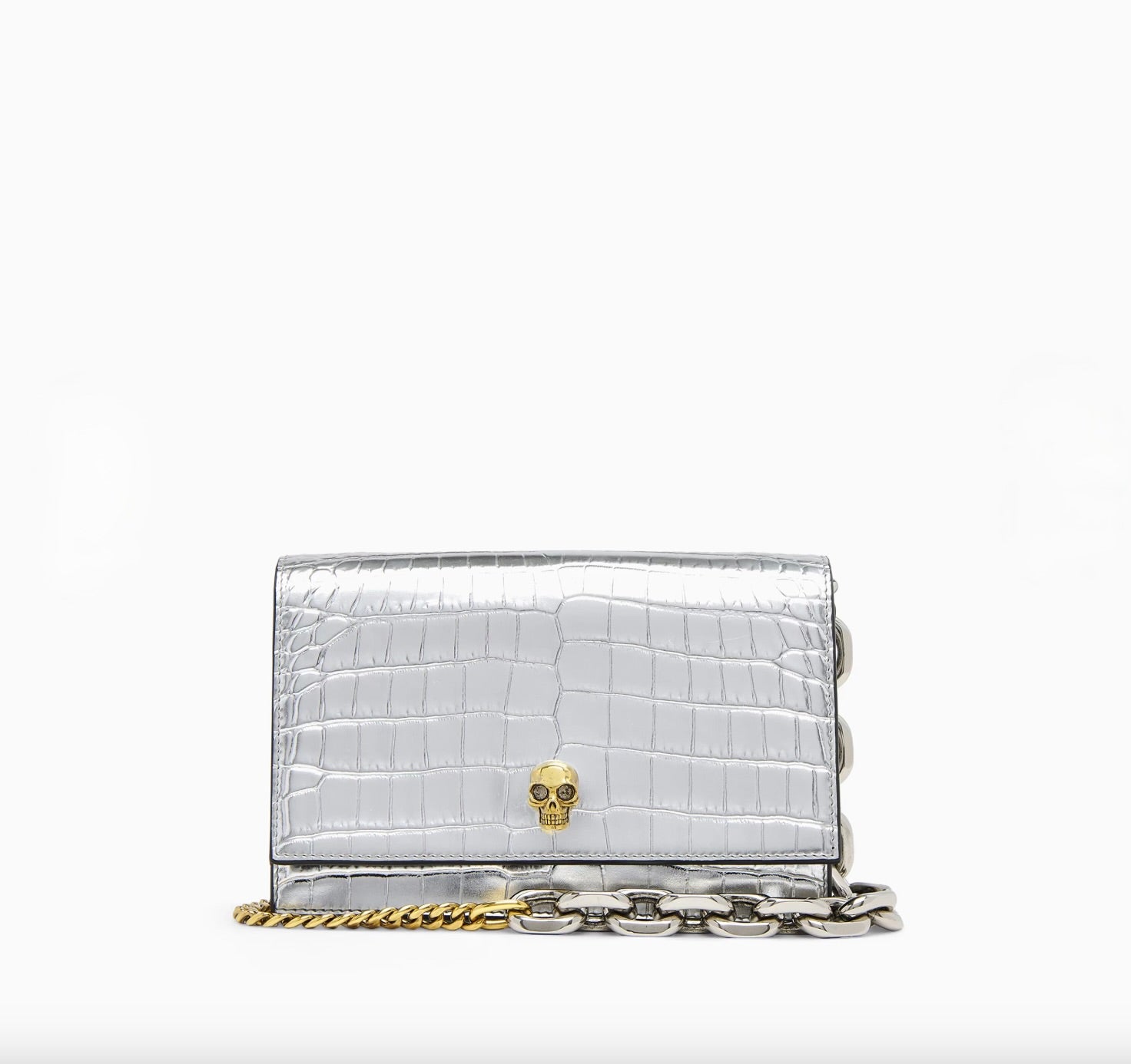 6964 - Alexander McQueen Croc-embossed Silver Skull Bag - NIB