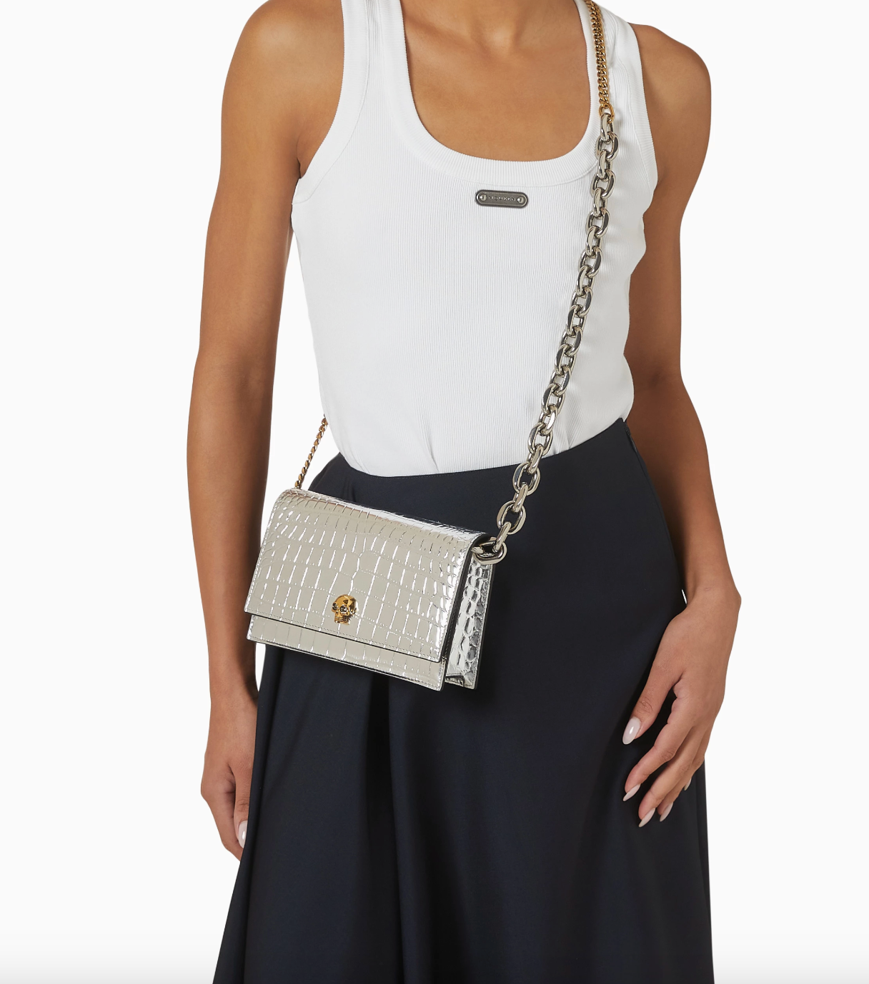6964 - Alexander McQueen Croc-embossed Silver Skull Bag - NIB