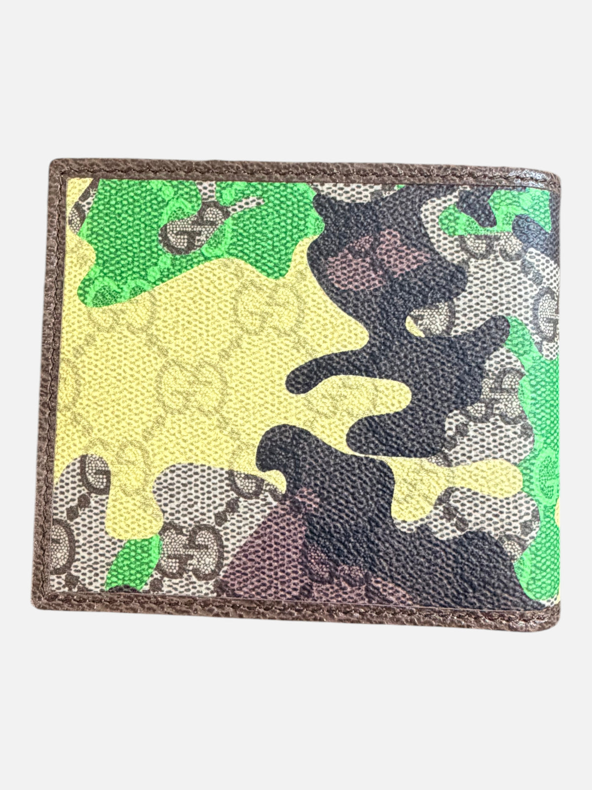 CURATED by Kira Gucci GG bifold wallet in green and yellow camouflage coated canvas with brown leather trim