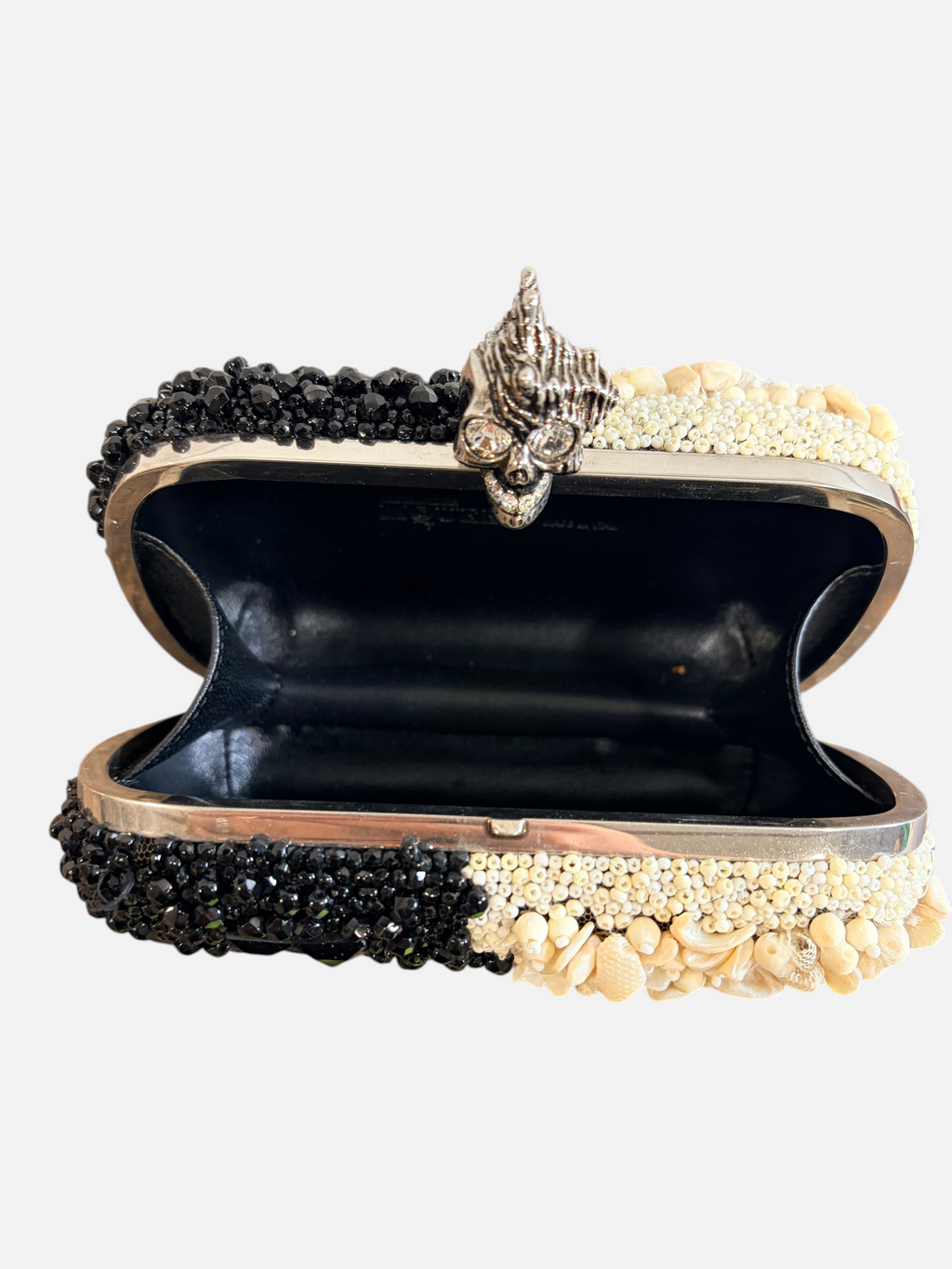 CURATED by Kira Alexander McQueen black bead and ivory shell box clutch with silver skull kiss lock clasp