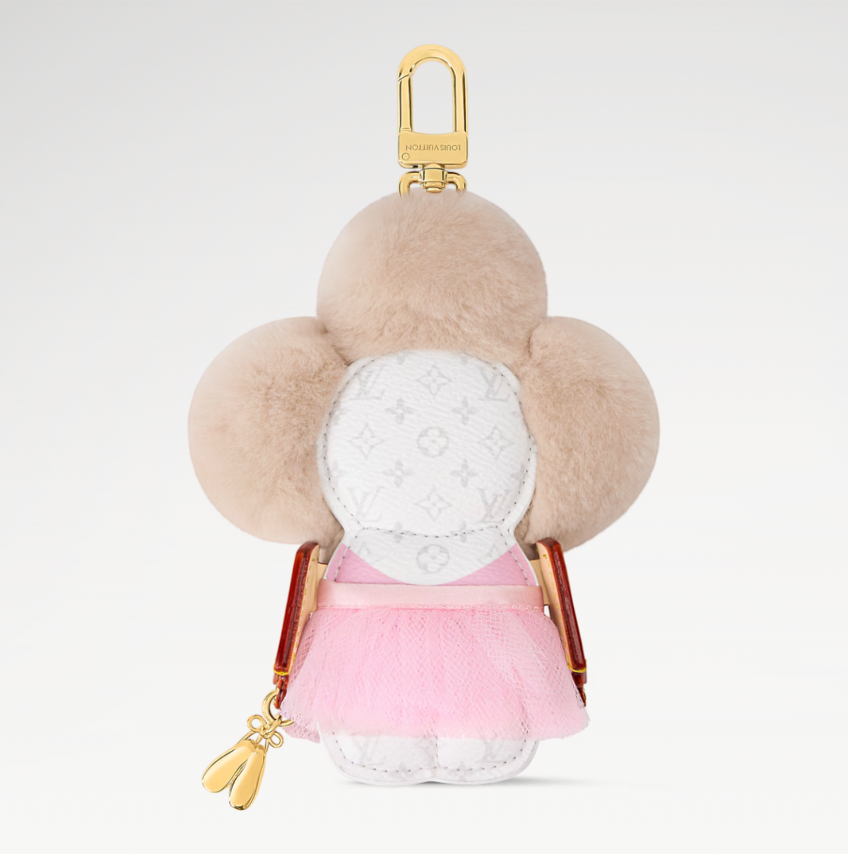 CURATED by Kira Louis Vuitton Vivienne Fashionista Ballerina bag charm in cream mink fur with pink tutu and gold hook