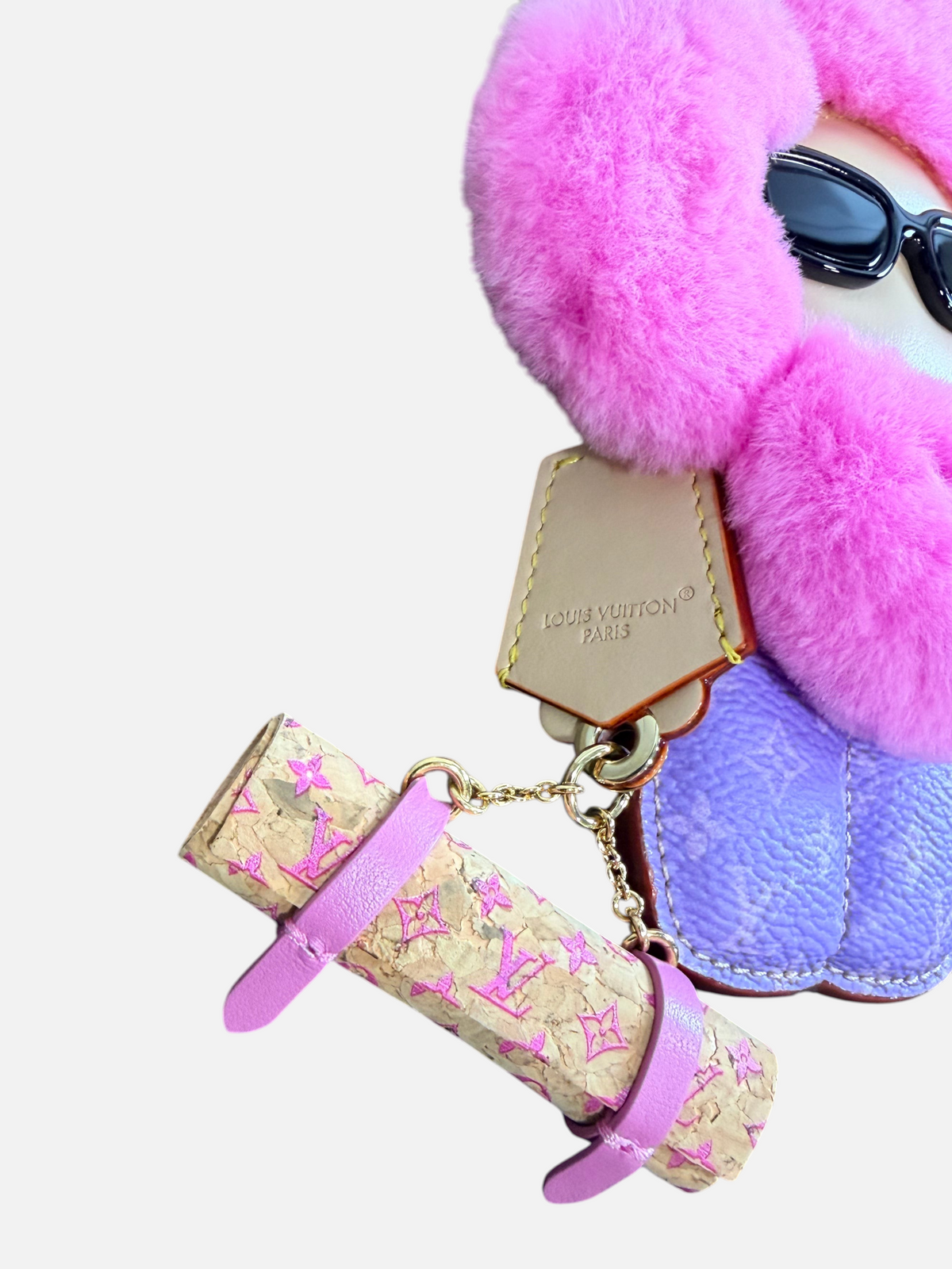 CURATED by Kira Louis Vuitton Vivienne Fashionista yoga bag charm in pink mink fur and Monogram canvas with gold hardware
