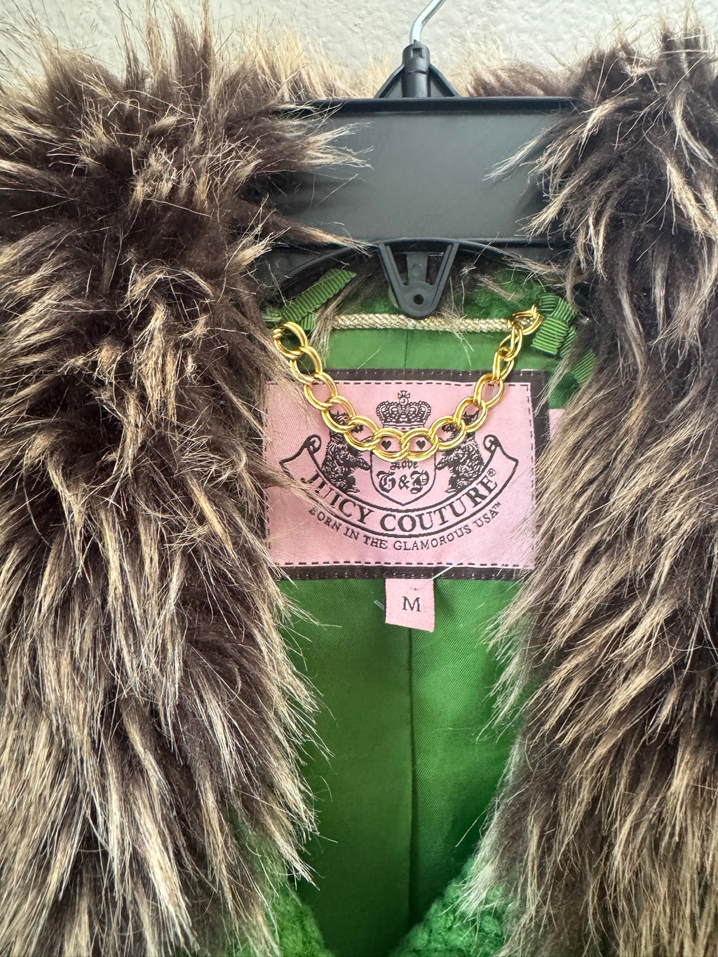 Juicy Couture Green Boucle Fur Collar Jacket - Y2K - Size M
