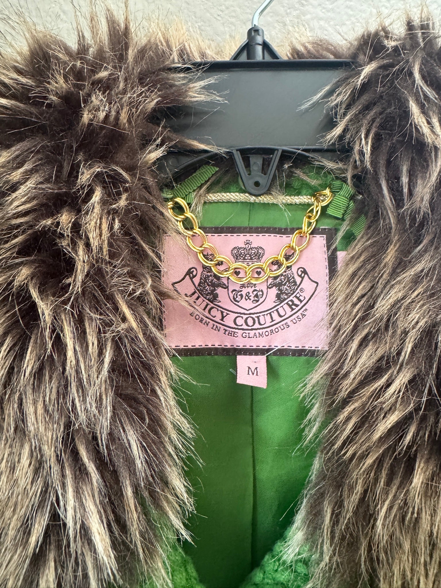 Juicy Couture Green Boucle Fur Collar Jacket - Y2K - Size M