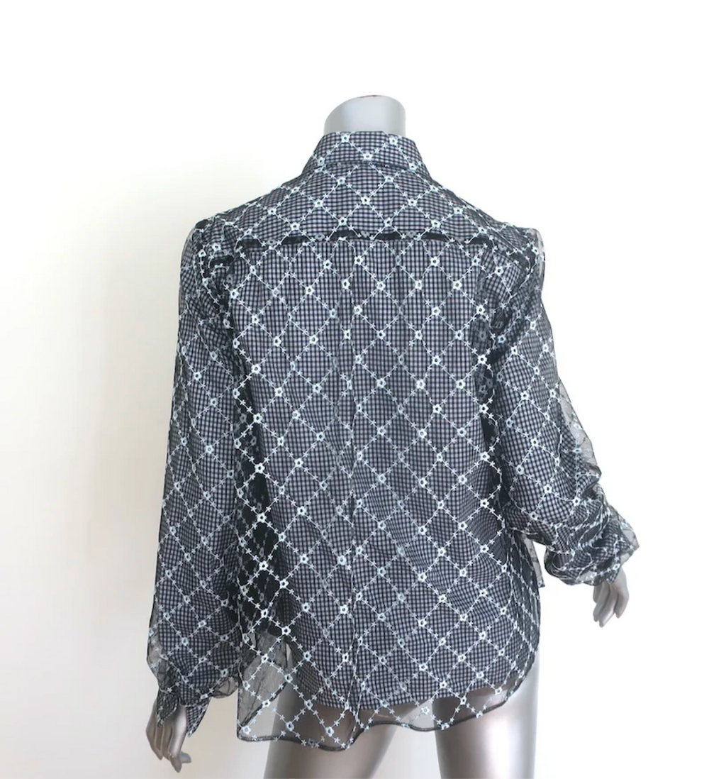 Sandy Liang Toney Embroidered Mesh-Overlay Top Navy Gingham - Size 6 - Retail $395