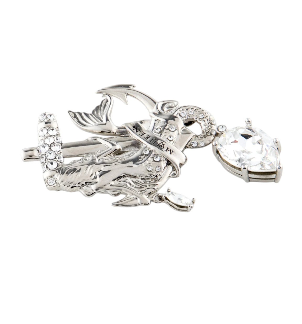 CURATED by Kira Alexander McQueen anchor brooch featuring silver-tone metal, intricate crystal accents, and logo detail