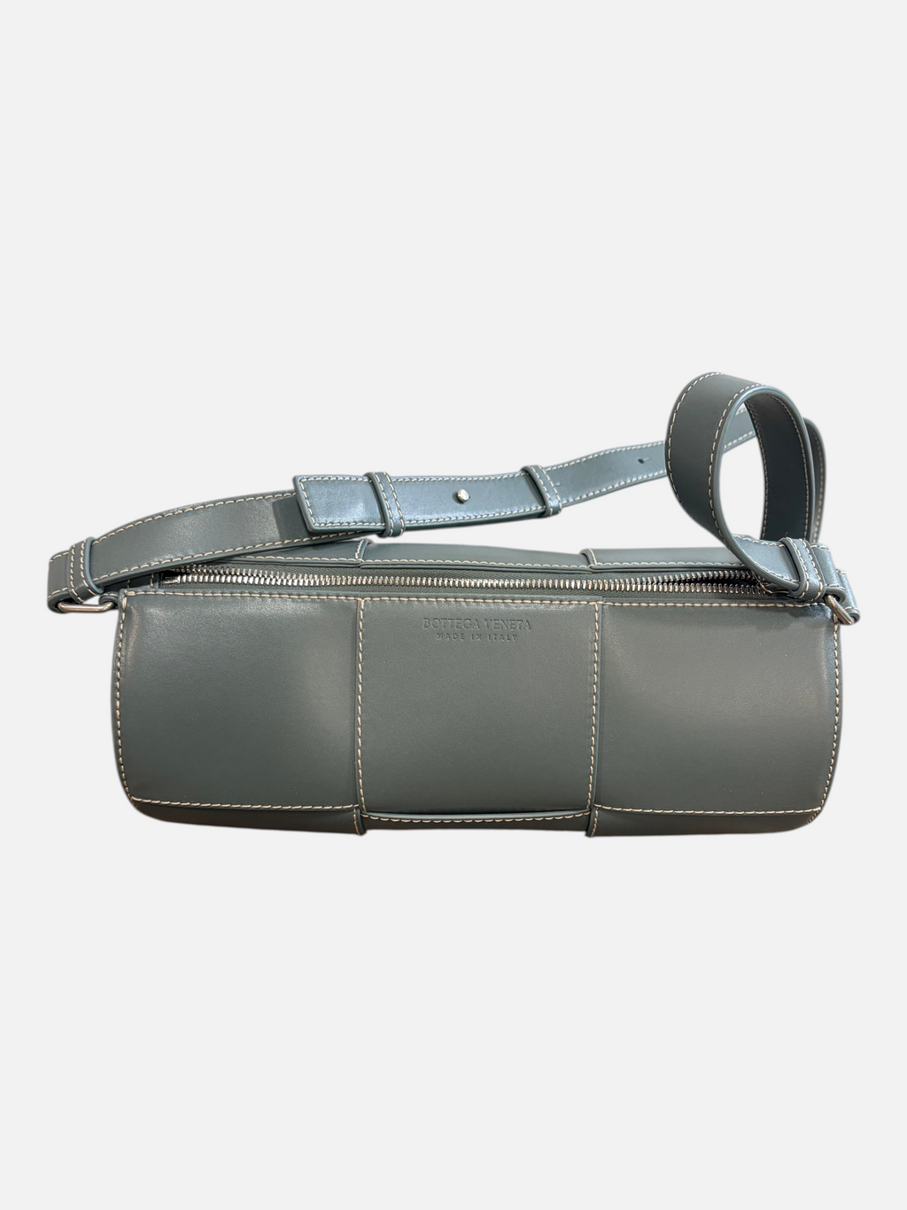 CURATED by Kira Bottega Veneta gray calfskin leather barrel crossbody bag with contrast stitching and silver hardware