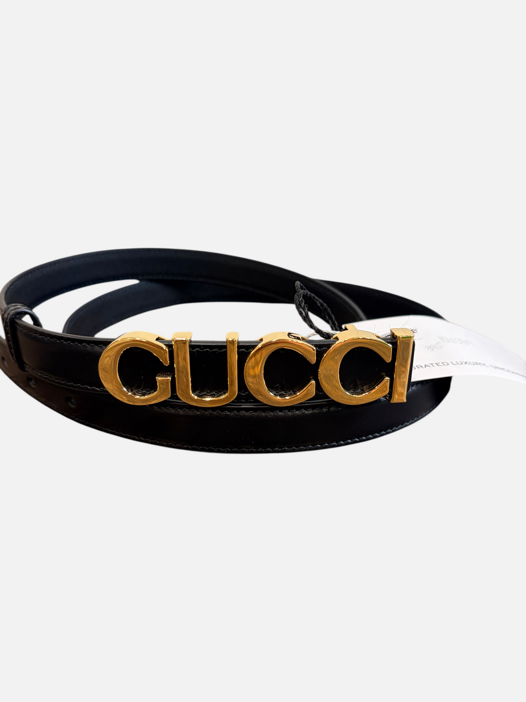 CURATED by Kira Gucci black cowhide leather belt with gold tone logo buckle
