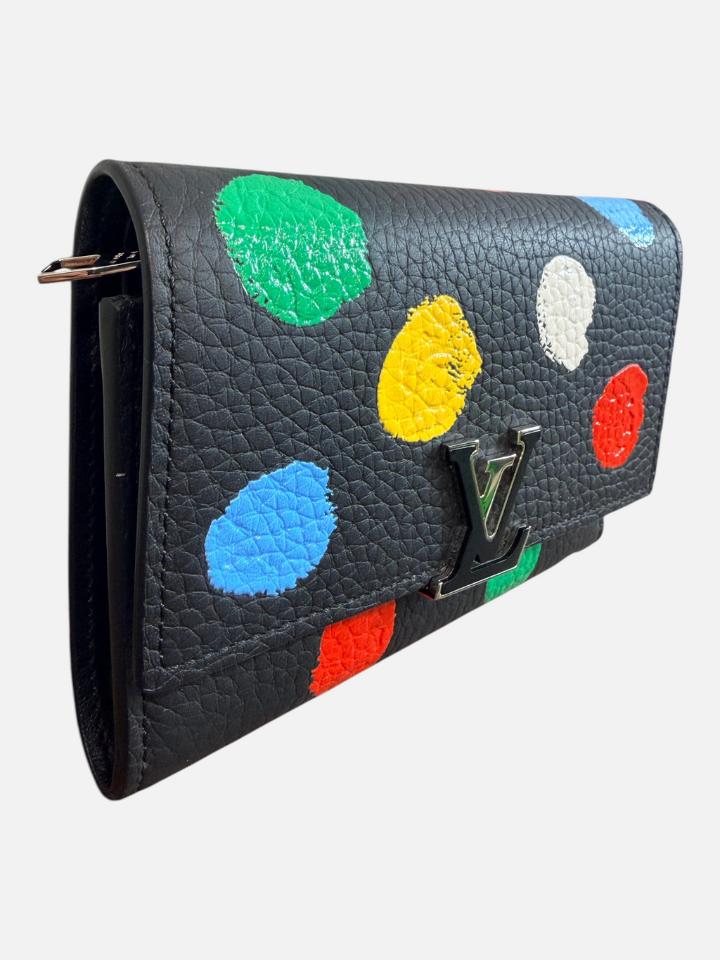 CURATED by Kira Louis Vuitton Kusama Capucines compact wallet in black textured calfskin with colorful polka dots
