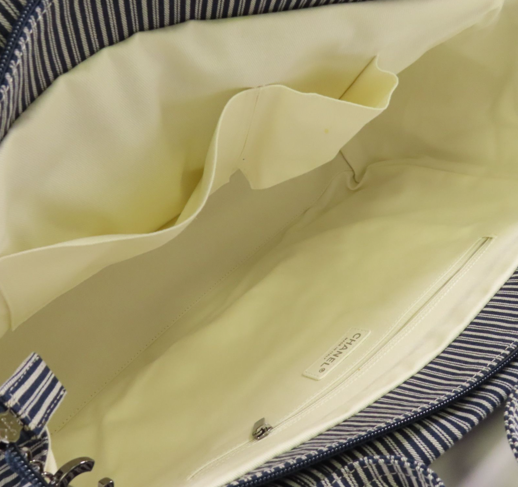 5396 - Chanel Canvas CC Striped Tote Bag Ginpaku Hand Stitched