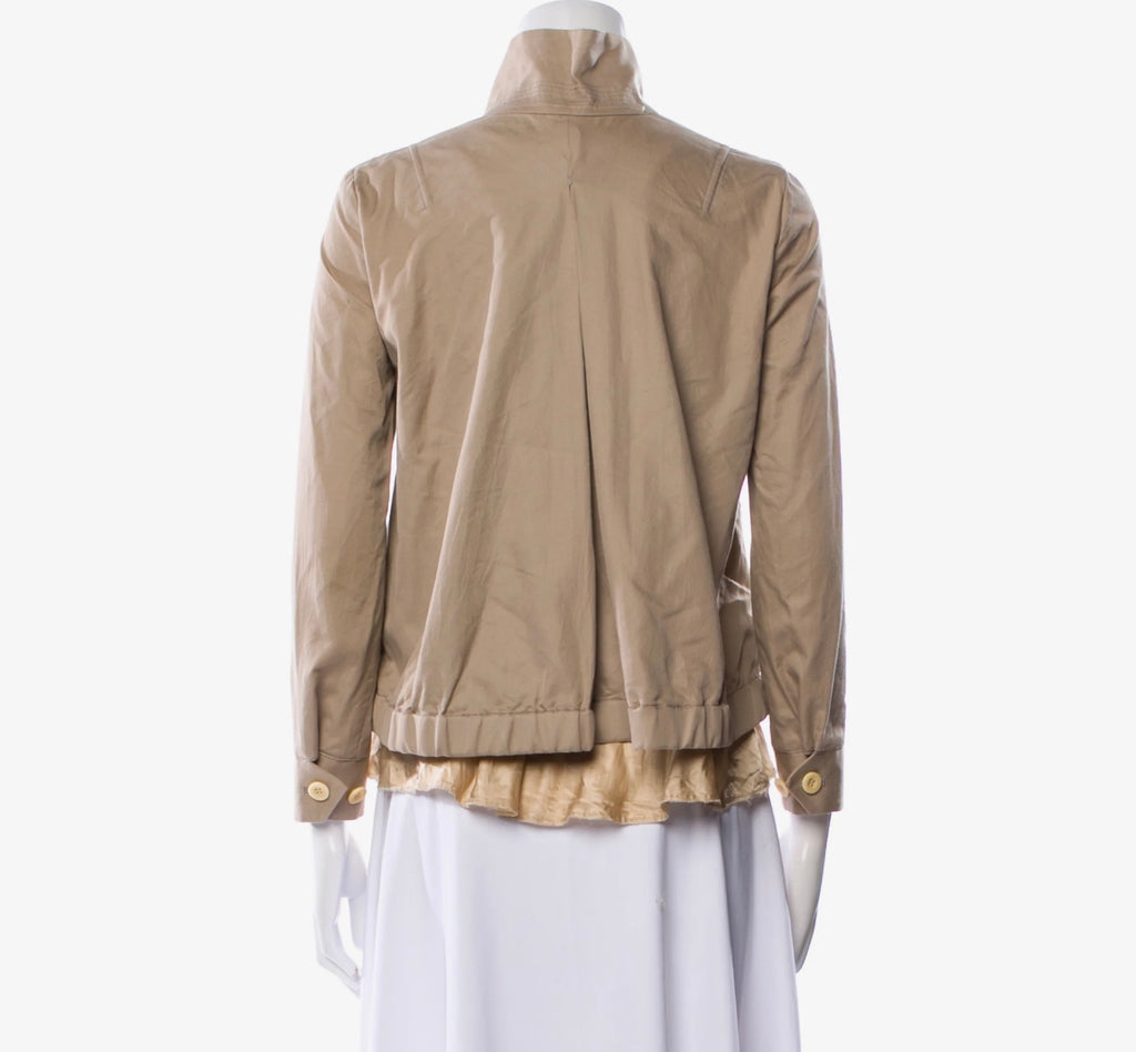 6489 - Sacai Canvas Biker Jacket With Silk Ruffle Trim Khaki - Designer Size 2