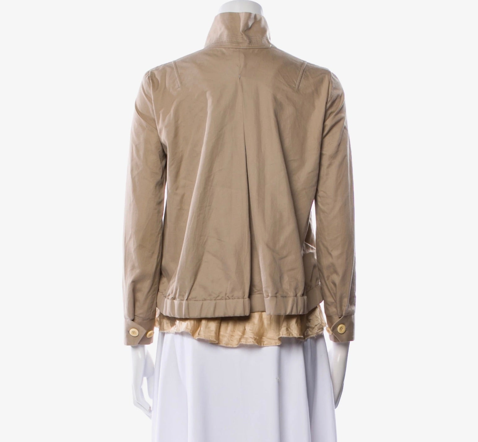 6489 - Sacai Canvas Biker Jacket With Silk Ruffle Trim Khaki - Designer Size 2