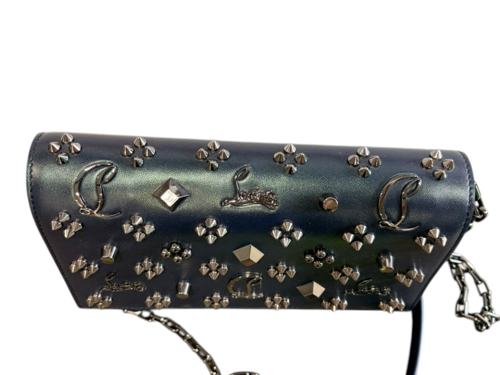 CURATED by Kira Christian Louboutin Paloma navy calf leather crossbody clutch with silver Loubinthesky spike studs