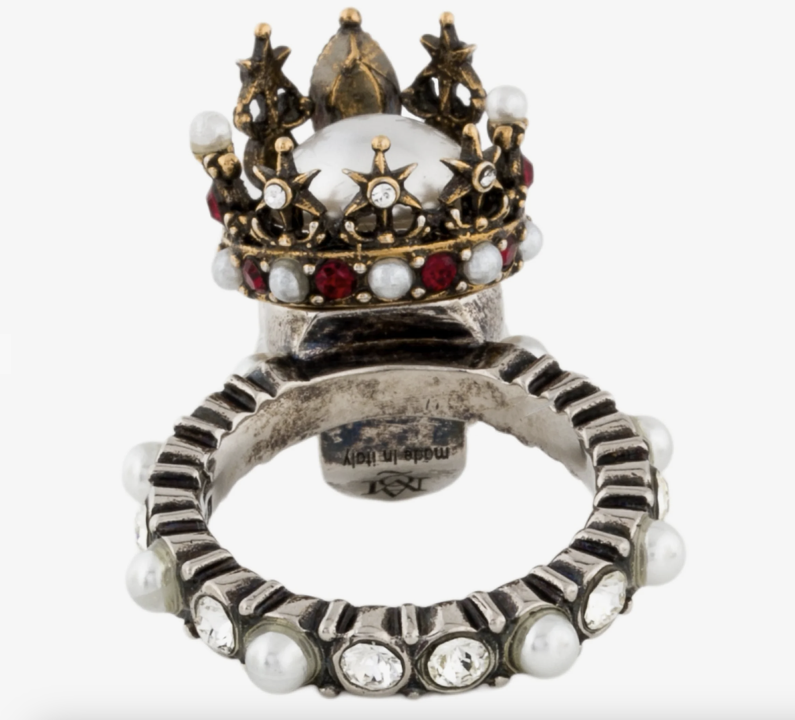 7238 - Alexander McQueen Crystal & Faux Pearl Queen Skull Ring