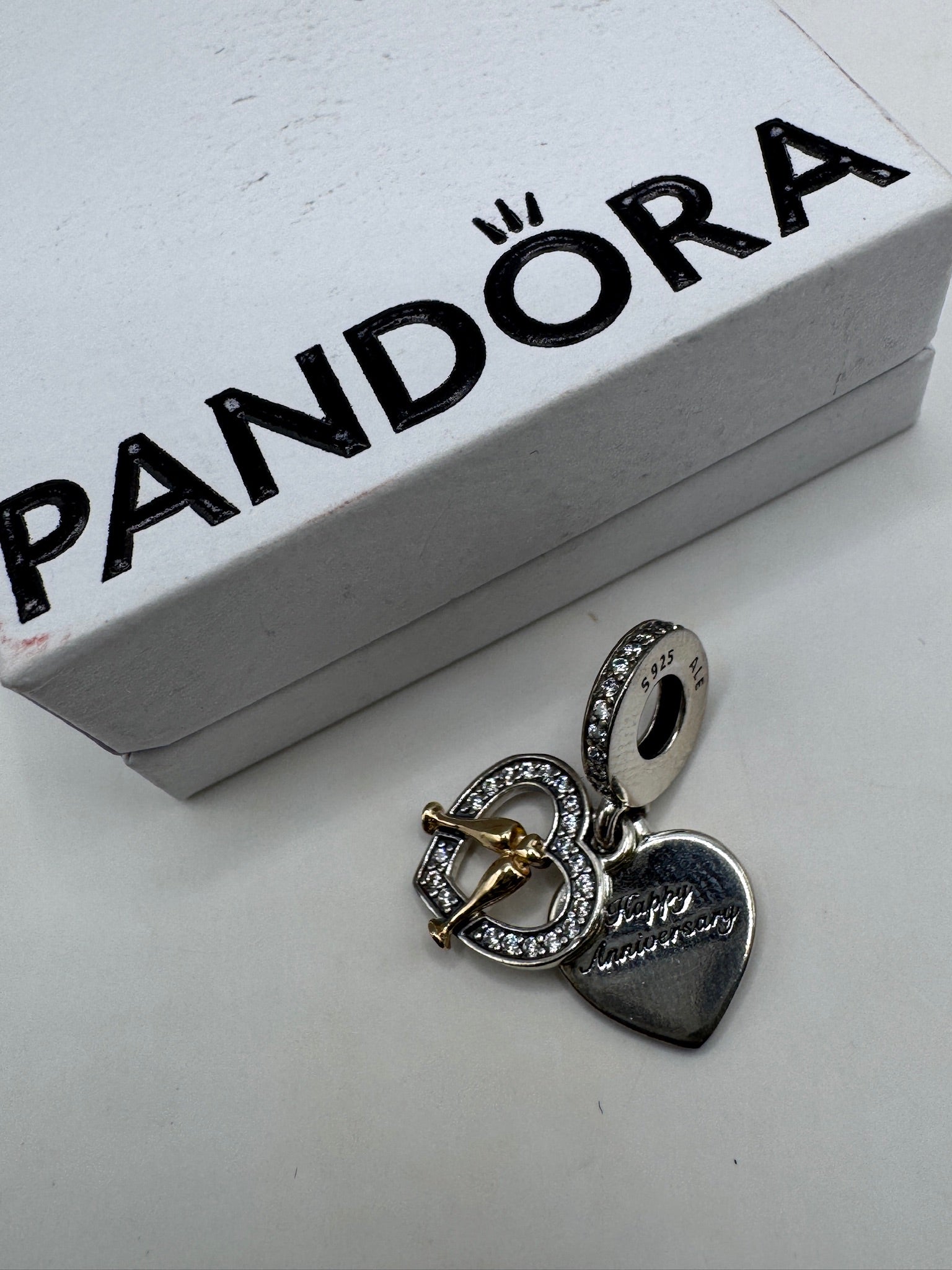 Pandora Two-tone Happy Anniversary Dangle Charm - 14k gold & Sterling silver - NWT