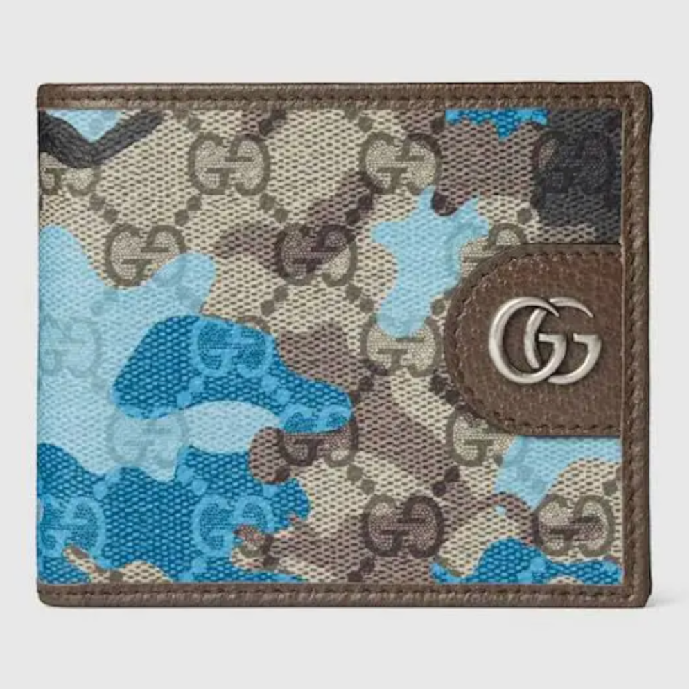 CURATED by Kira Gucci bifold wallet in blue camouflage marbled GG coated canvas with brown leather trim and Double G